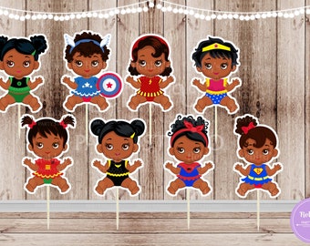 Baby Girl Superhero Party - Set of 16 Assorted African American Superhero Baby Girls Inspired Cupcake Toppers