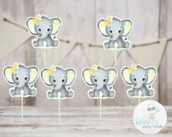 Girl Elephant Theme  - Set of 12 Yellow Elephant Baby Shower Cupcake Toppers