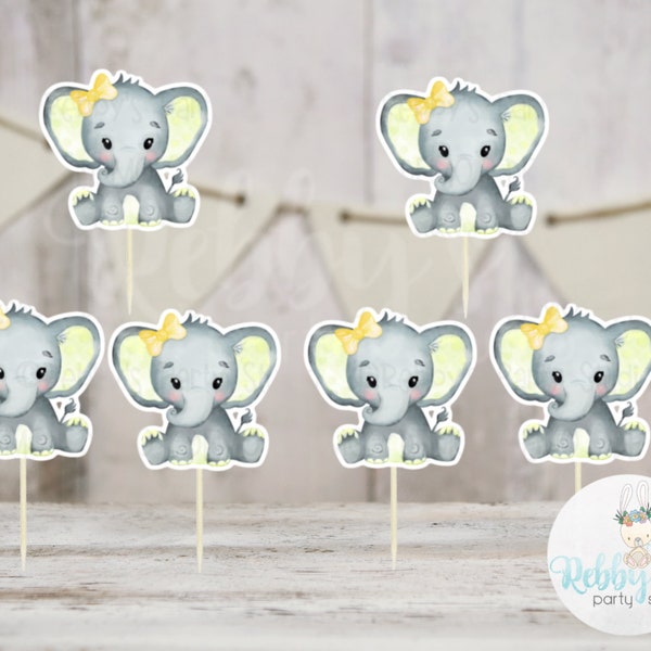 Girl Elephant Theme  - Set of 12 Yellow Elephant Baby Shower Cupcake Toppers