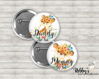 Girl Cheetah Baby Shower Pin Buttons, Mommy to be Pin Buttons, Personalized Pin Buttons,  Flower Cheetah Button Badges