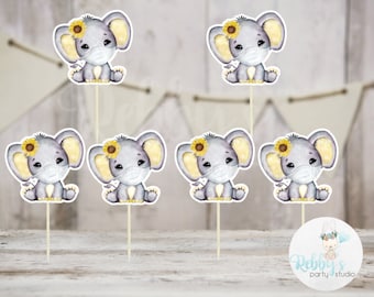 Sunflower Elephant Theme  - Set of 12 Yellow Elephant in Mask Baby Shower Cupcake Toppers