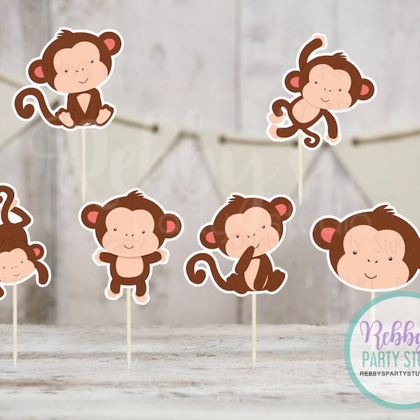 Monkey Theme Party - Set of 12 Assorted Monkey Cupcake Toppers