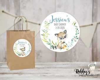 Lovely Forest Raccoon Baby Shower Round Stickers , Personalized Favor Stickers , Baby Shower Stickers , 10 Different Sizes Available