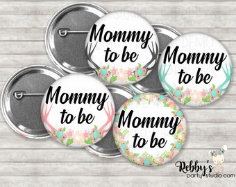 Baby Deer Antlers Baby Shower Pin Button: Personalized Floral Badge