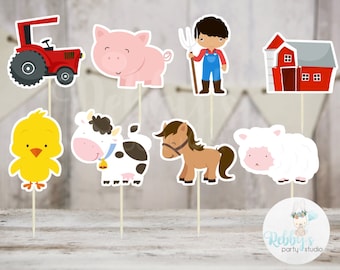 Boy Barnyard Theme Party - Set of 16 Assorted Farm Animals Cupcake Toppers #144