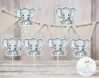 Boy Elephant Theme  - Set of 12 Gray Elephant Baby Shower Cupcake Toppers