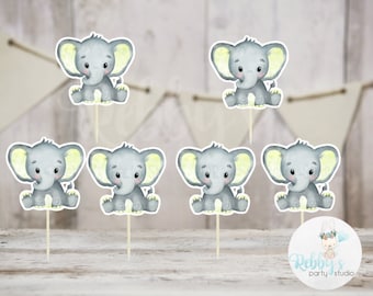 Boy Elephant Theme  - Set of 12 Yellow Elephant Baby Shower Cupcake Toppers