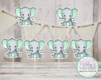Boy Elephant Theme  - Set of 12 Green Elephant Baby Shower Cupcake Toppers