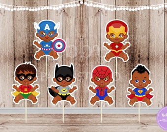 Superhero Baby Boy Cupcake Toppers: African American Party Decor (Set of 12)