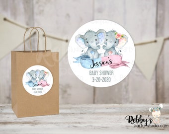 Twin Baby Elephant Baby Shower Pink and Blue Personalized Round Sticker