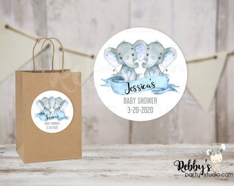 Twin Boys Elephant Personalized Baby Shower Round Stickers, Personalized Favor Stickers, Baby Shower Stickers, 10 Different Sizes Available