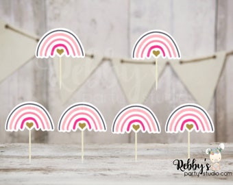 Pink Nordic Rainbow Cupcake Toppers - Baby Shower Birthday Party - Set of 12
