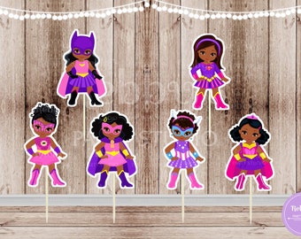 Superhero Girl Cupcake Toppers: African American Birthday Party Decor - Set of 12