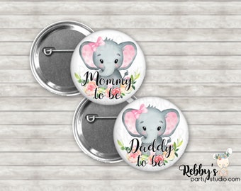Elephant Girl Baby Shower Pin Button: Custom Family Name Badge