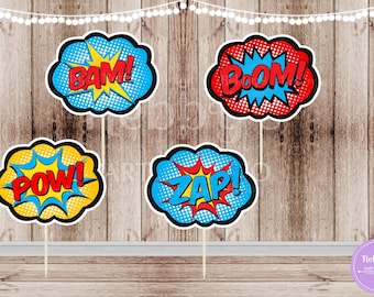Superhero Pop Art Cupcake Toppers: Action Party Decorations - Set of 12