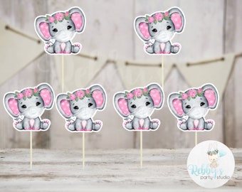 Pink Elephant Cupcake Toppers: Girl Baby Shower Decorations (Set of 12)