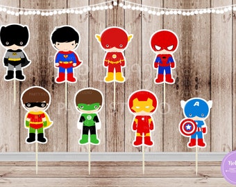 Action Superhero Boy Party - Set of 16 Assorted Superhero Boys Inspired Cupcake Toppers