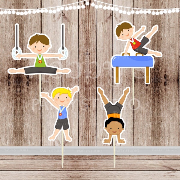Boys Gymnastics Party - Set of 12  Assorted Boy Gymnast Cupcake Toppers