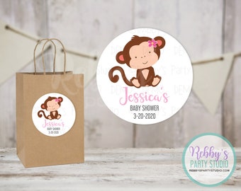Monkey Girl Baby Shower Personalized Round Sticker