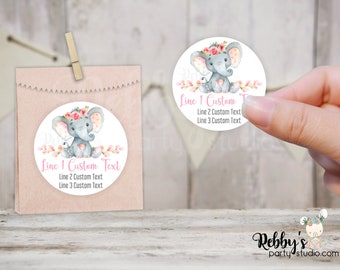 Floral Baby Elephant Pink Baby Shower Personalized Round Sticker