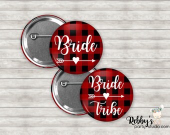 Buffalo Plaid Bridal Shower Button: Personalized Lumberjack Bride Tribe Favor