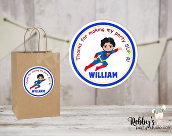 Superhero Flying Superboy Round Stickers , Superhero Birthday Party, Personalized Favor Stickers , 10 Different Sizes Available