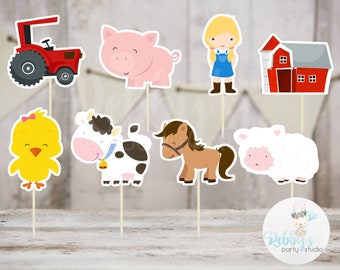 Girl Barnyard Theme Party - Set of 16 Assorted Farm Animals Cupcake Toppers #145