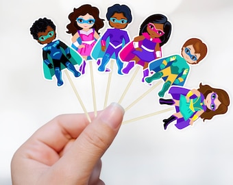 Set of 12 Superhero Cupcake Toppers, Multicultural Super Kids Party Decor