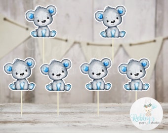 Boy Bear Theme  - Set of 12 Blue Bear Baby Shower Cupcake Toppers