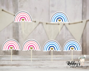 Nordic Rainbow Cupcake Toppers: Gender Reveal Baby Shower, Set of 12