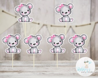 Girl Bear Theme  - Set of 12 Pink Bear with Bow Baby Shower Cupcake Toppers