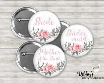 Deer Antlers Bridal Shower Pin Button: Boho Floral Party Badge