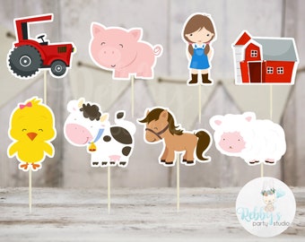 Girl Barnyard Theme Party - Set of 16 Assorted Farm Animals Cupcake Toppers #147