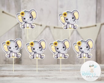 Sunflower Elephant Theme  - Set of 12 Yellow Elephant Baby Shower Cupcake Toppers