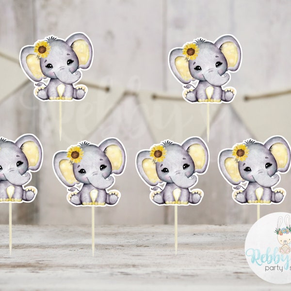 Sunflower Elephant Theme  - Set of 12 Yellow Elephant Baby Shower Cupcake Toppers