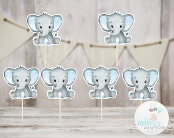 Boy Elephant Theme  - Set of 12 Blue Elephant Baby Shower Cupcake Toppers