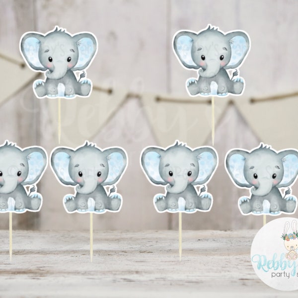 Boy Elephant Theme  - Set of 12 Blue Elephant Baby Shower Cupcake Toppers