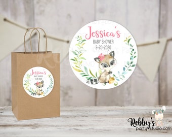 Raccoon Girl Baby Shower Personalized Round Sticker