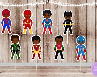 Superhero Boy Cupcake Toppers: African American Inspired, Set of 16