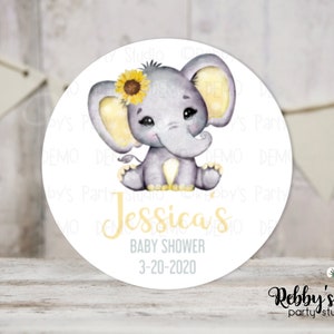 Sunflower Elephant Personalized Baby Shower Round Stickers, Personalized Favor Stickers, Baby Shower Stickers, 10 Different Sizes Available image 2