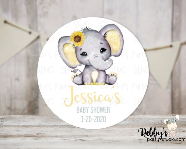 Sunflower Elephant Personalized Baby Shower Round Stickers, Personalized Favor Stickers, Baby Shower Stickers, 10 Different Sizes Available image 2