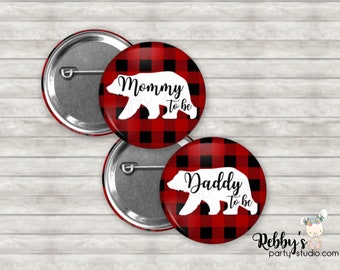 Personalized Buffalo Plaid Bear Pinback Button: Baby Shower Favor