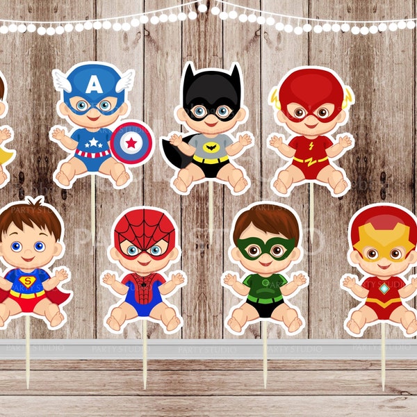 Baby Boy Superhero Party - Set of 16 Assorted Superhero Baby Boys Inspired Cupcake Toppers