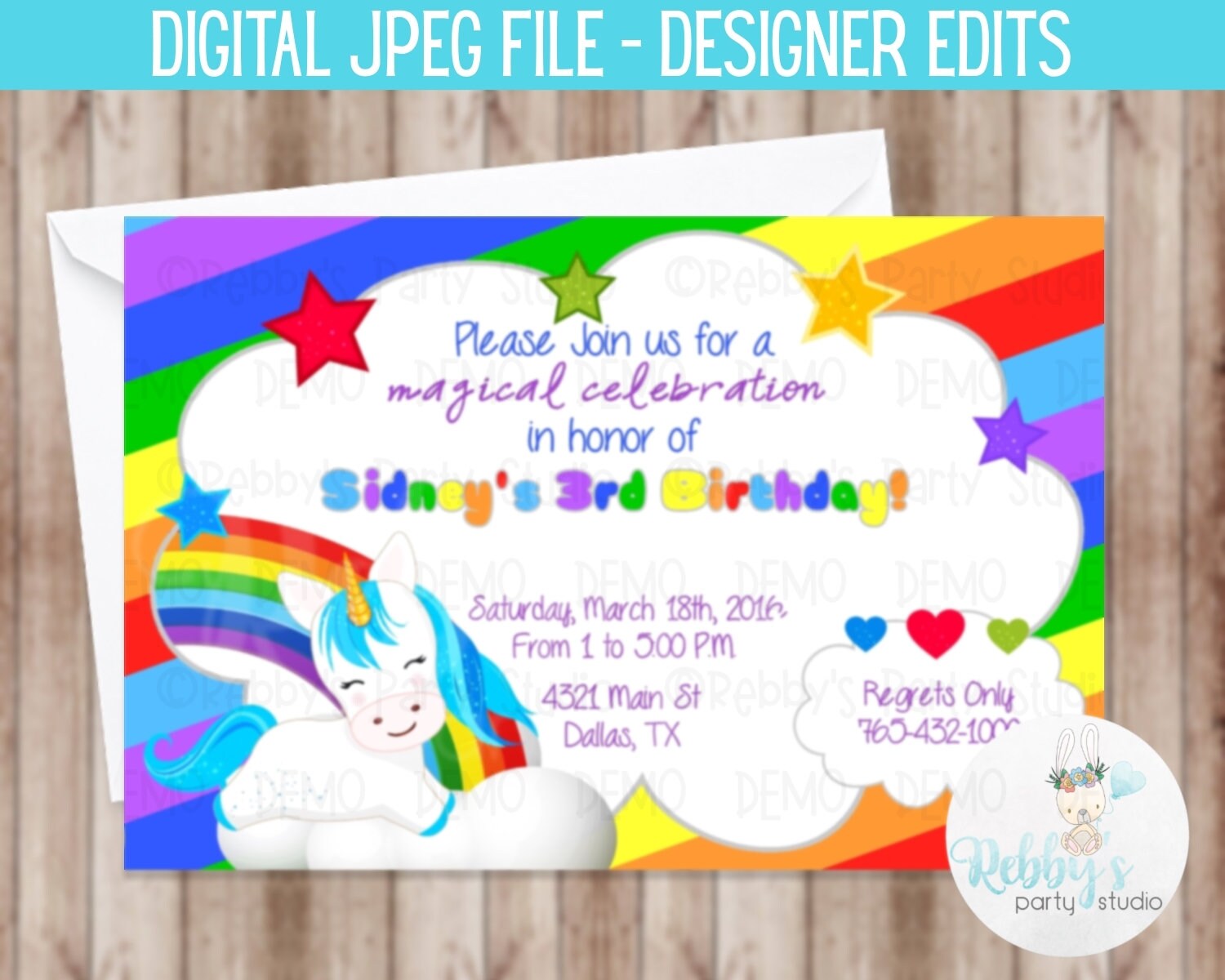 unicorn rainbow birthday invitation digital printable file designer edits