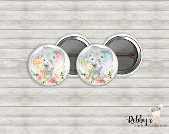Grey Elephant & Bunny Floral Mini Pin Buttons – Pink, Blue, or Mixed Party Favor Packs (1 inch)