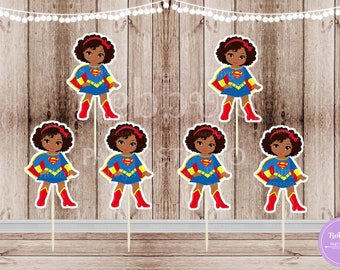 Superhero Girl Party - Set of 16 African American Supergirl Inspired Cupcake Toppers