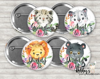 Wild Cats Baby Shower Pin Button, Mommy to be Pin Button, Personalized Pinback Button,  Flower Cubs Button Badge