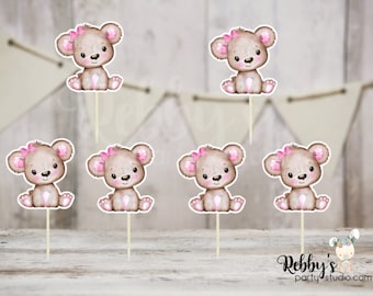 Girl Bear Baby Shower Cupcake Toppers - Pink & Brown - Set of 12