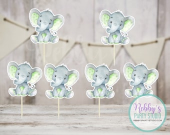 Elephant Theme - Set of 12 Green Elephant Baby Shower Cupcake Toppers