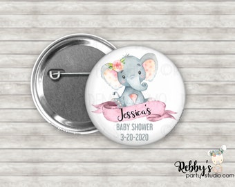 Elephant Theme Personalized Girl Baby Shower 2.25" Pin Back Buttons, Baby Shower Pin Buttons , Little Peanut Button Pins